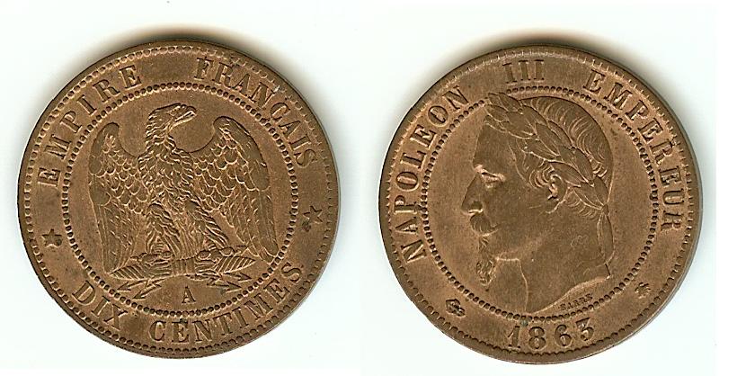 Dix centimes Napoléon III, tête laurée 1863 Paris SPL-